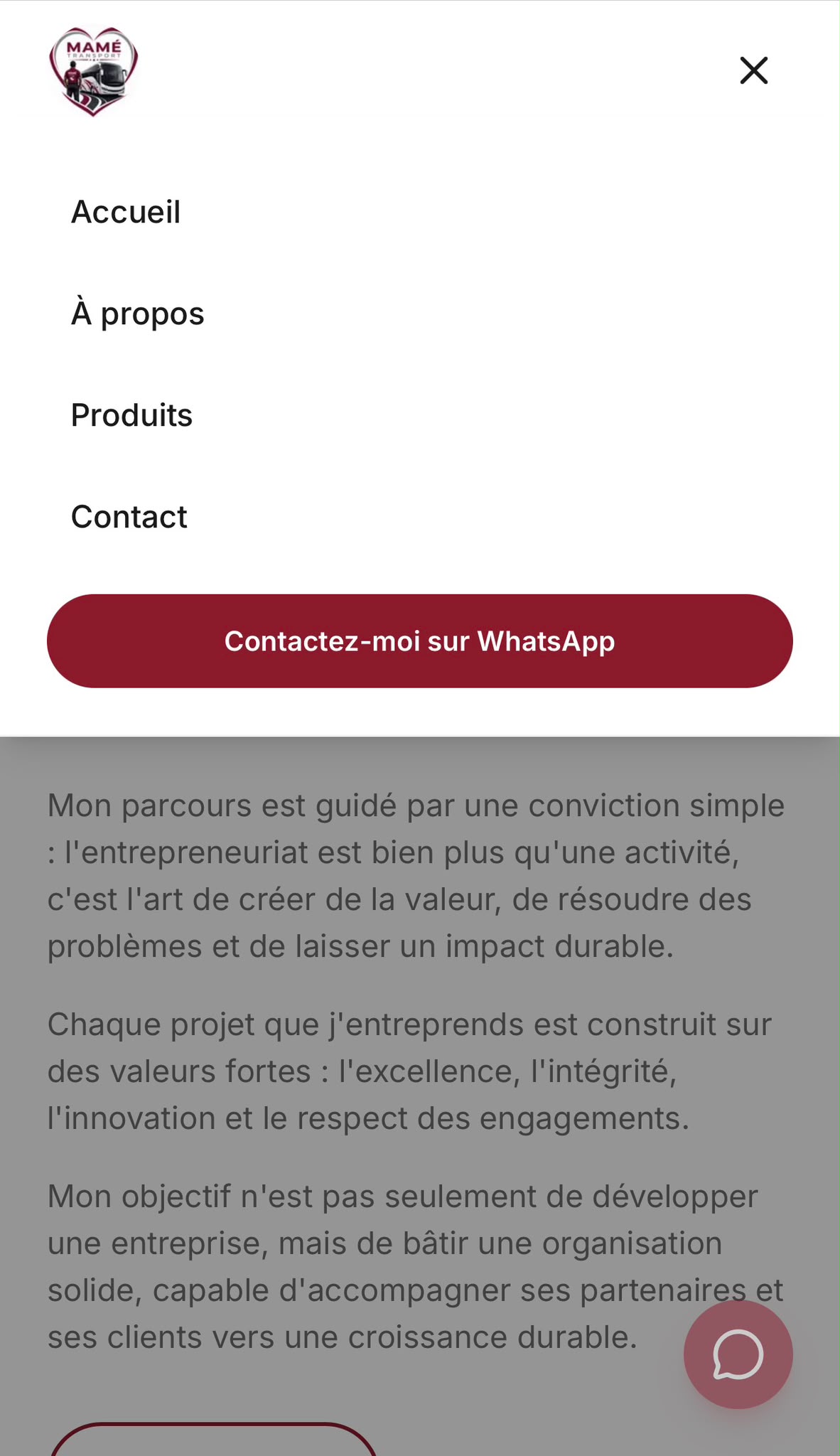 Le menu mobile — site Mamé Transport