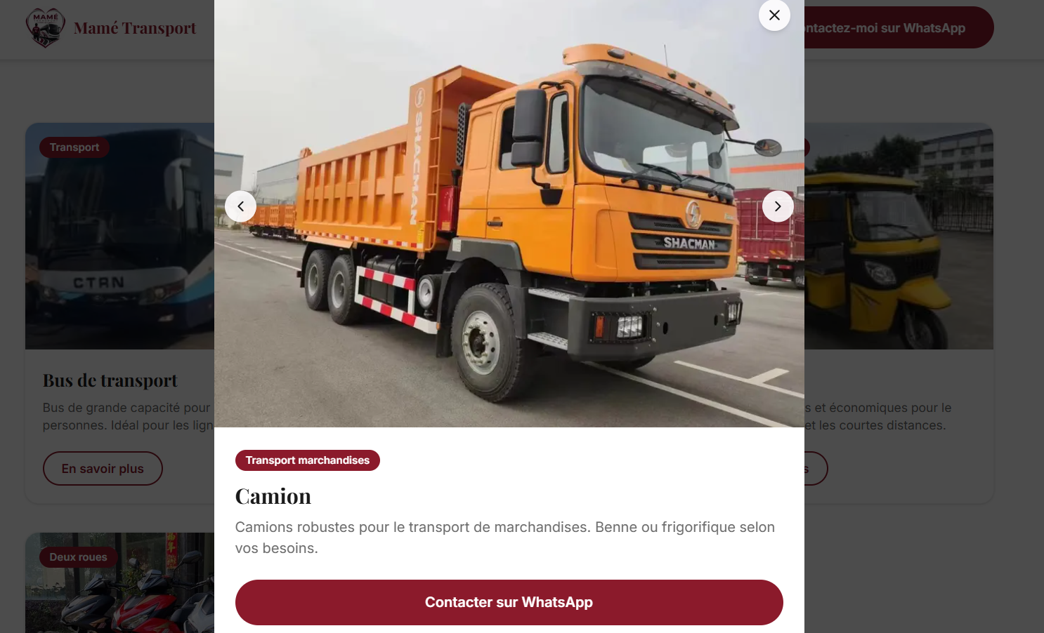 Les fiches produits en popup — site Mamé Transport